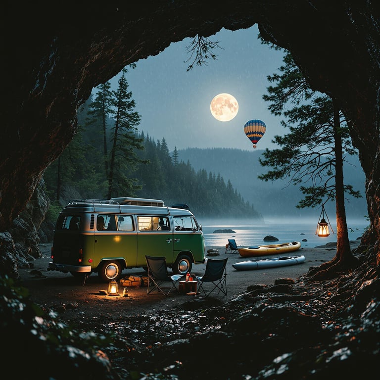A green campervan rests by the Smoky Mountains under a bright full moon and soft drizzle. Lanterns glow beside cozy chairs, while a kayak waits on the shore. From the cave entrance, a tiny hot air balloon floats in the distance.