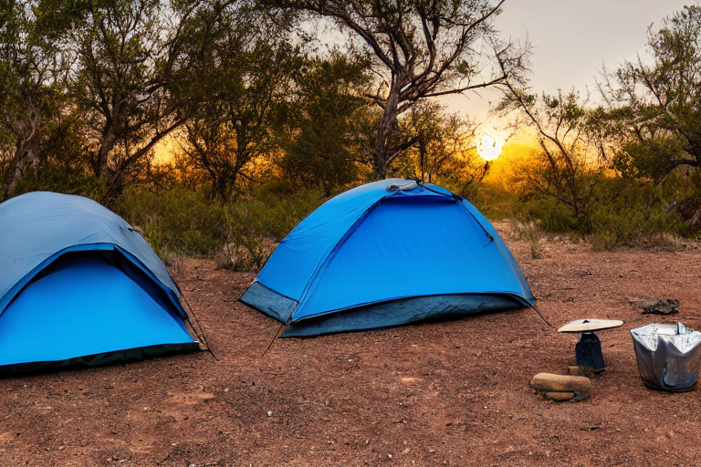 A gray and blue tent rests on a paved campsite in Big Bend National Park. Soft sunrise light shines through the fog, while fallen leaves and a camping lantern sit on the dirt nearby.