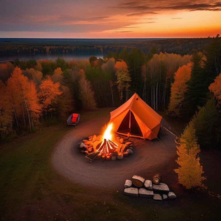 An orange tent rests beside a warm campfire on a leafy dirt campsite in North Shore, Minnesota. Rainy skies soften the sunset, while a deer stands quietly in the distance near the trees.