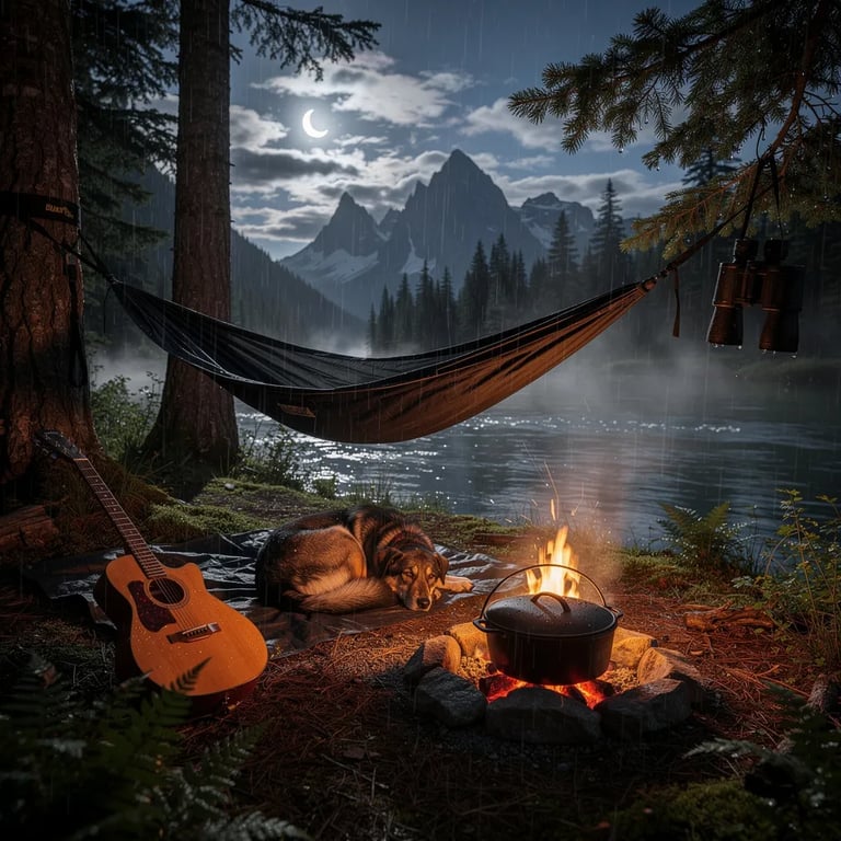 A quiet campsite rests beside a slow river in the Canadian Rockies, with mist floating over the water and a light drizzle in the air. Warm firelight flickers on wet spruce trees and a black hammock tied between them. A dog sleeps by the small fire while a Dutch oven glows in the coals, and a guitar lies nearby under the cool crescent moon.