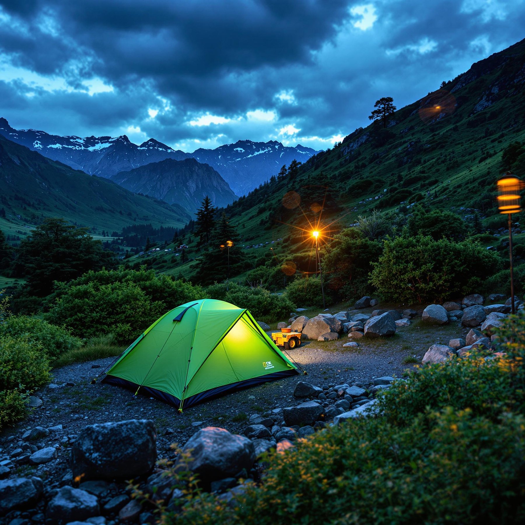 A green tent rests in a lush valley surrounded by tall bushes and scattered stones. Hikers enjoy the quiet campsite as soft dusk light shines through partly cloudy skies. A nearby parking spot adds a touch of comfort to this peaceful outdoor scene.