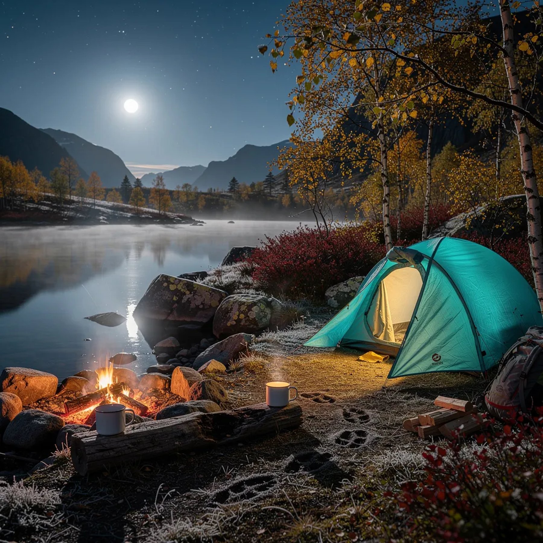 A quiet lake lies under a bright full moon, and the water shines like a mirror. A turquoise tent glows warmly beneath thin trees, with a small fire flickering nearby. Frost dusts the rocky ground, and fresh animal tracks lead past a mug on an old log.