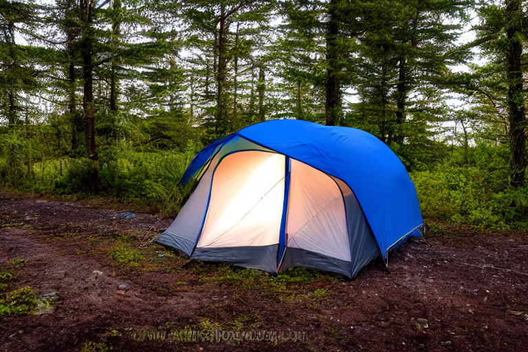 A gray and blue tent rests on a paved campsite along the Maine coast. Soft sunrise light shines through the stormy sky, while a lantern glows beside the tent. Bushes, fallen leaves, and a dirt patch give the campsite a cozy, wild feel.