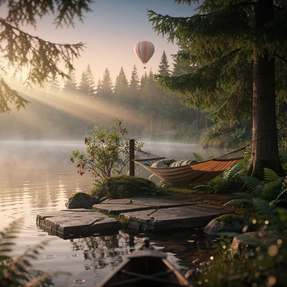 A quiet lake sits beside a thick evergreen forest, with mist floating over the still water at dawn. Warm sunrise light shines through the trees onto ferns and a rocky landing by the shore. A tan hammock hangs between two sturdy trees, ready for a peaceful rest. Far above the treetops, a hot air balloon drifts in the pale morning sky.
