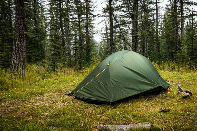 A green camo tent rests on a quiet dirt campsite in Banff National Park. A warm campfire glows beside a backpack, surrounded by tall grass, mossy trees, and a cloudy sky dotted with stars.