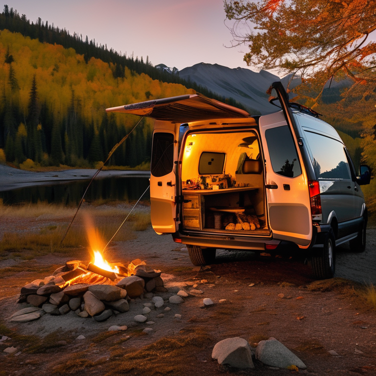 A cozy camper van rests in an Alaskan wilderness campsite as the campfire glows at sunset. Fall-colored trees, large stone slabs, and a softly lit tent create a warm feeling, while a backpack waits nearby.