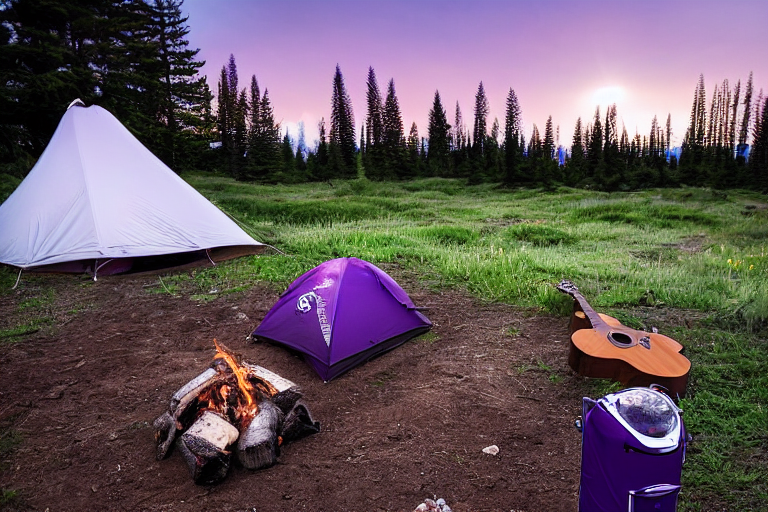 Two purple-and-white tents sit on a snowy dirt clearing in Hawaii. A warm campfire glows between the tents, with a guitar and white cooler nearby. A quiet hiking path leads through the peaceful sunset landscape.