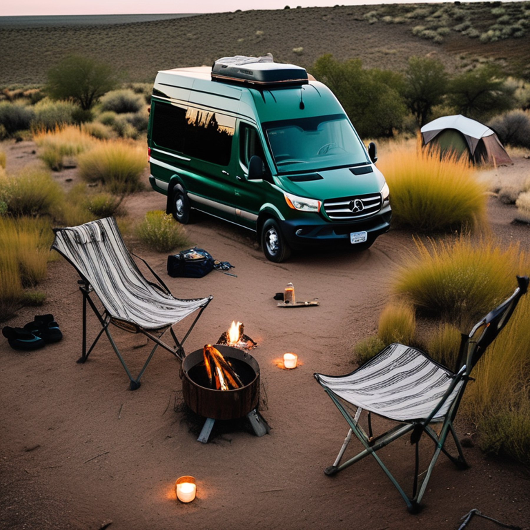 A green camper van rests in a rainy petrified forest beside a warm campfire. Camping chairs, a clothesline, and a wooden guitar sit around the grassy dirt clearing.