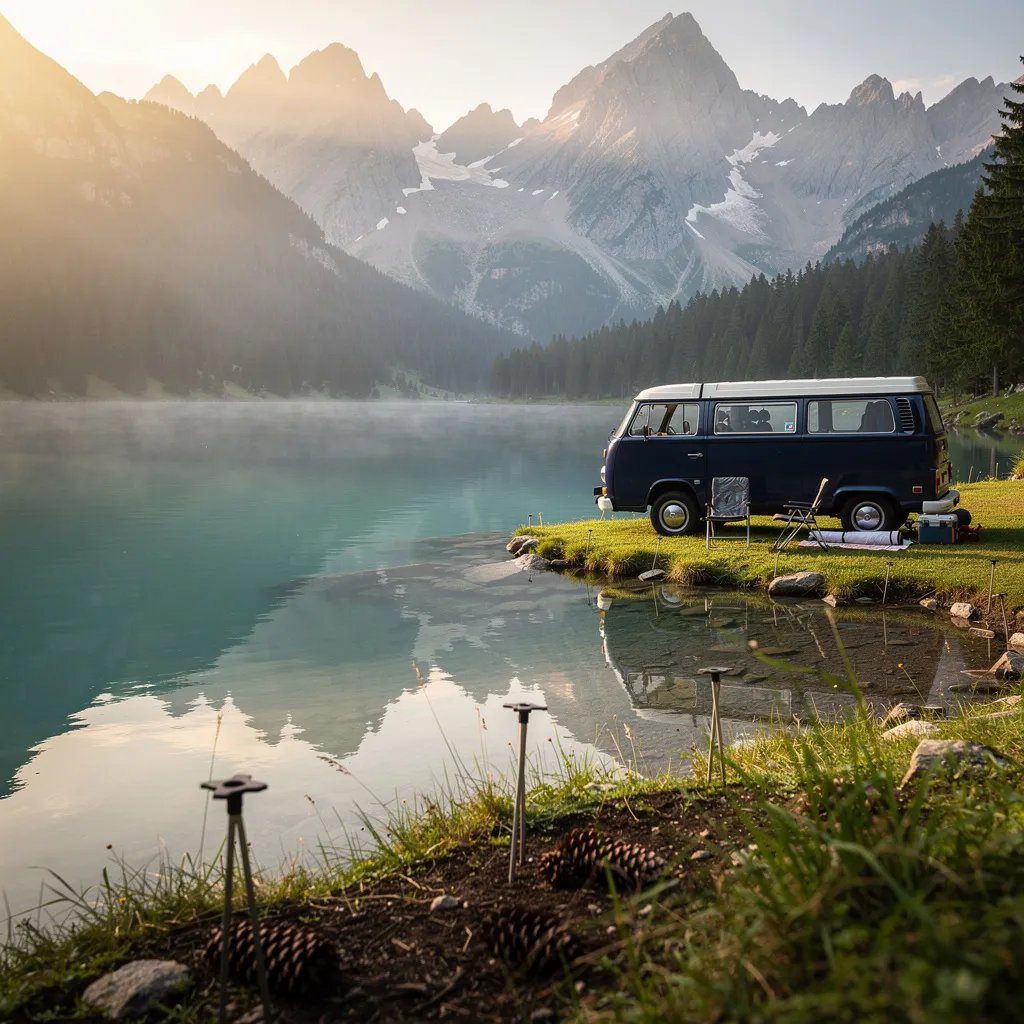 A turquoise alpine lake lies still like glass, reflecting the tall Swiss mountains. Warm golden light slips through a thin mist and makes the whole shore glow. A navy blue camper van sits by the water, with pine cones and a few tent stakes in the grass. The air feels quiet, fresh, and ready for a peaceful night outside.