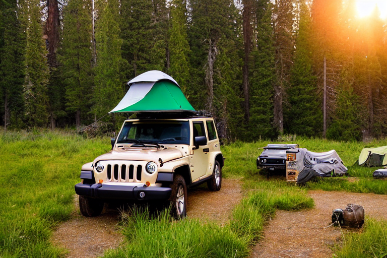 A forest green Jeep with a rooftop tent rests beside a warm campfire in Yosemite. Tall grass and wildflowers surround a clear stream, while stormy clouds gather under the sunset sky.