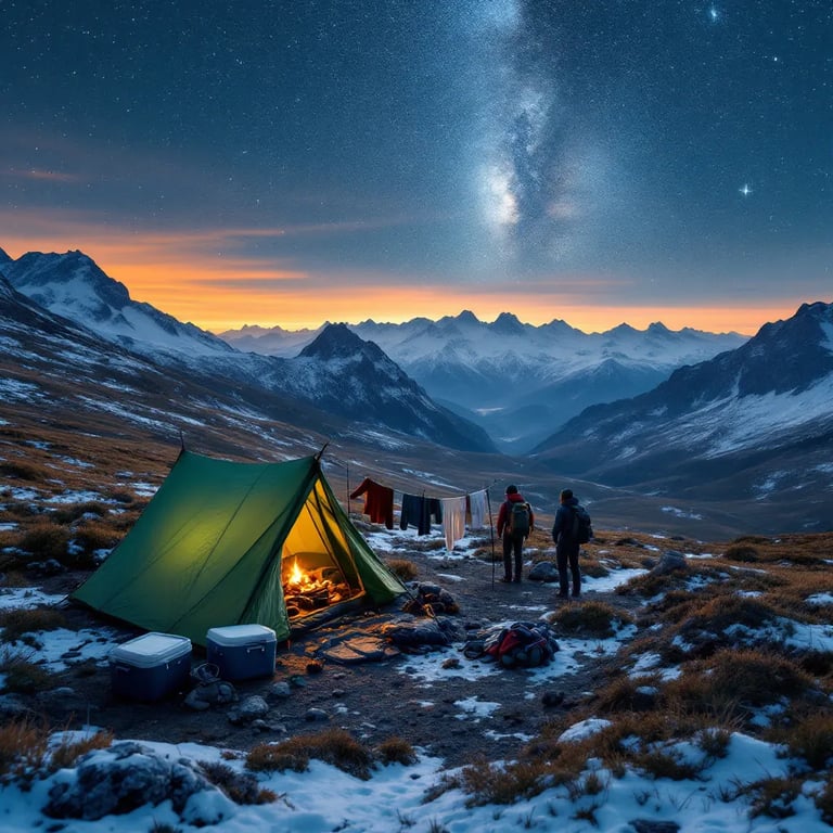 A green tent rests in a snowy mountain meadow at dusk. Clothes sway on a nearby line, with a cooler beside the tent and hikers exploring the rolling hills. A bright shooting star streaks across the quiet night sky.