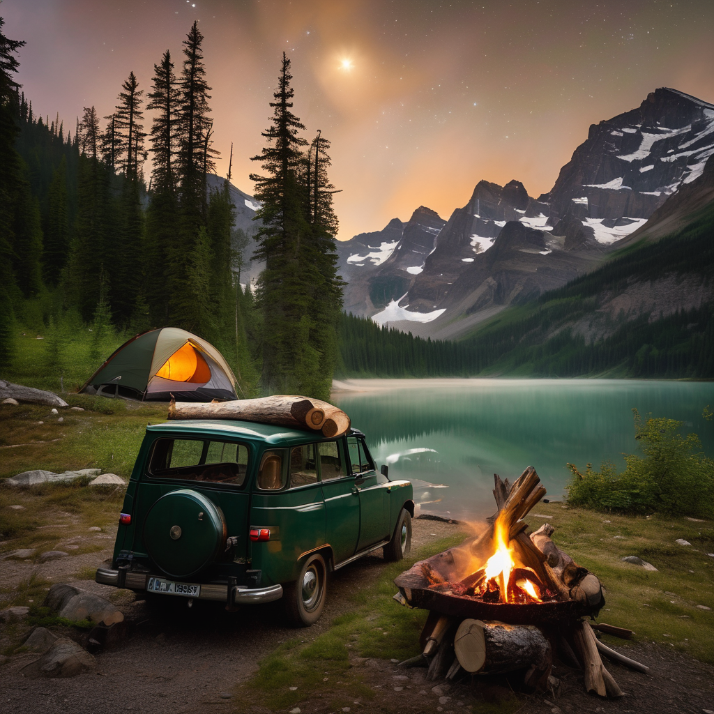 A forest-green tent rests beside a quiet glacial lake, surrounded by misty trees. A campfire smolders near a large log, while a solar lantern hangs from a nearby branch. The peaceful campsite feels cool, wild, and ready for adventure.