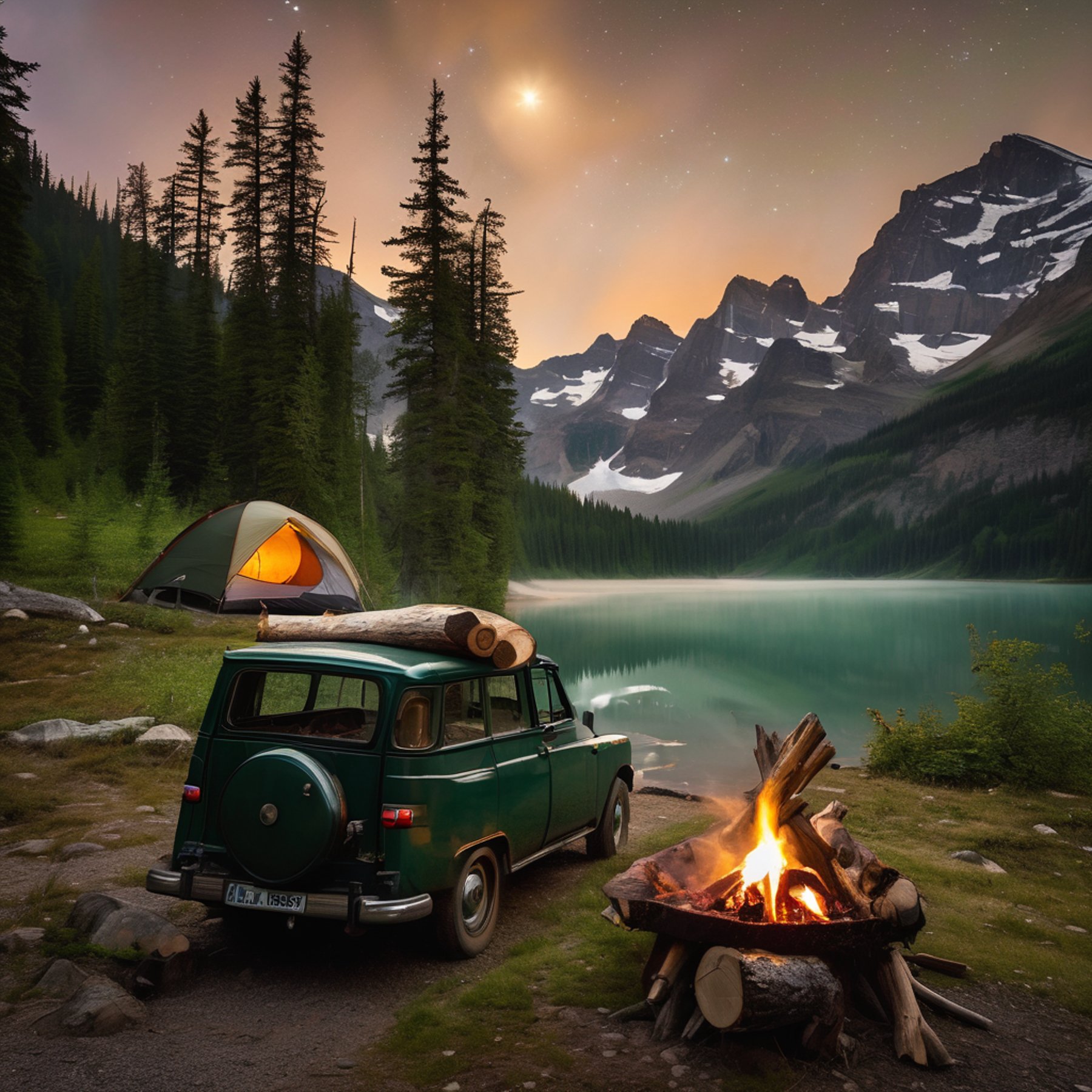 A forest-green tent rests beside a quiet glacial lake, surrounded by misty trees. A campfire smolders near a large log, while a solar lantern hangs from a nearby branch. The peaceful campsite feels cool, wild, and ready for adventure.