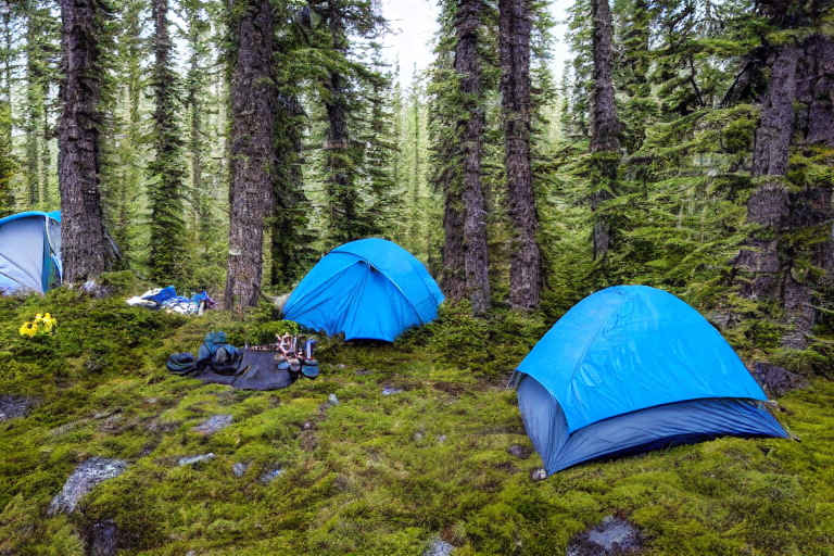 A bright blue tent rests beside a paved campsite in the wild Alaskan forest. Mossy trees, small flowers, and a hammock create a peaceful setting under the cloudy sky. A box of camping gear sits nearby.