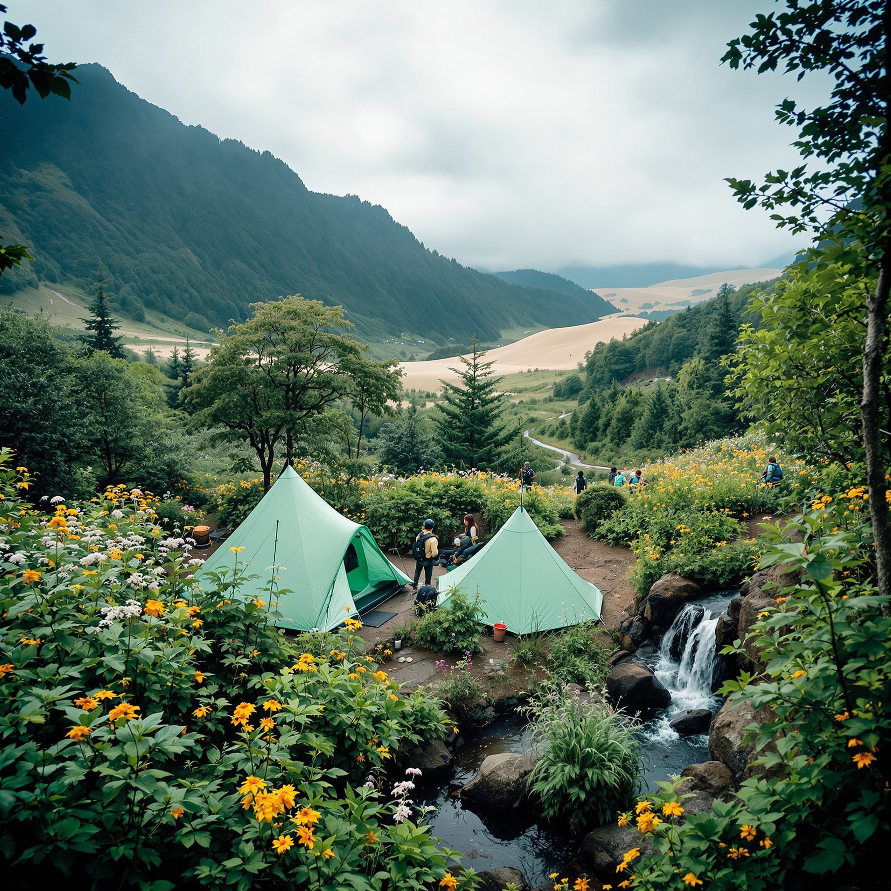 Bright green tents sit among colorful wildflowers beside a gentle stream. Tall mountains and rolling sand dunes rise in the distance. This peaceful campsite feels like a secret garden in the heart of nature.