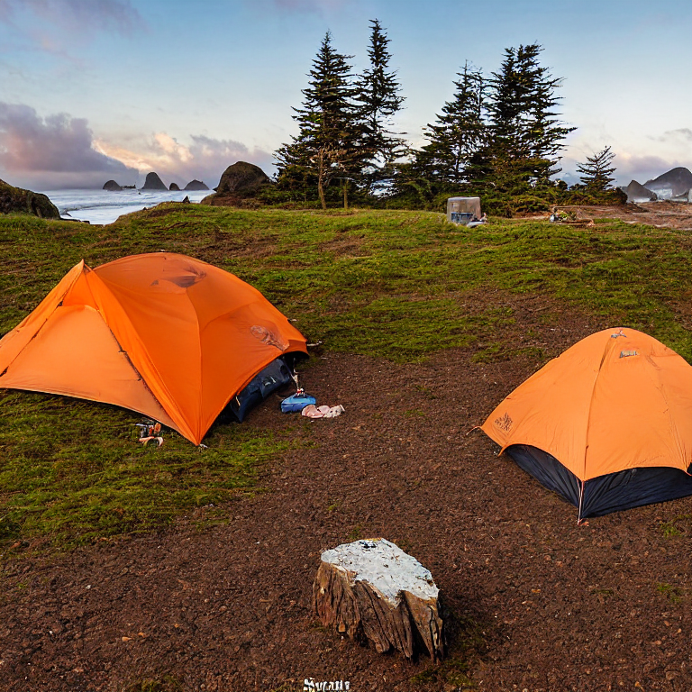 A tan tent rests on a rough dirt patch beside the snowy shore of Cannon Beach. Boulders, a box of camping gear, and a wooden guitar create a cozy campsite beneath the glowing sunset sky.