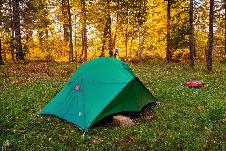A green tent sits beside a warm campfire on a snowy lakeside. Fall-colored trees and rolling hills surround the campsite, while a lantern and backpack rest nearby.