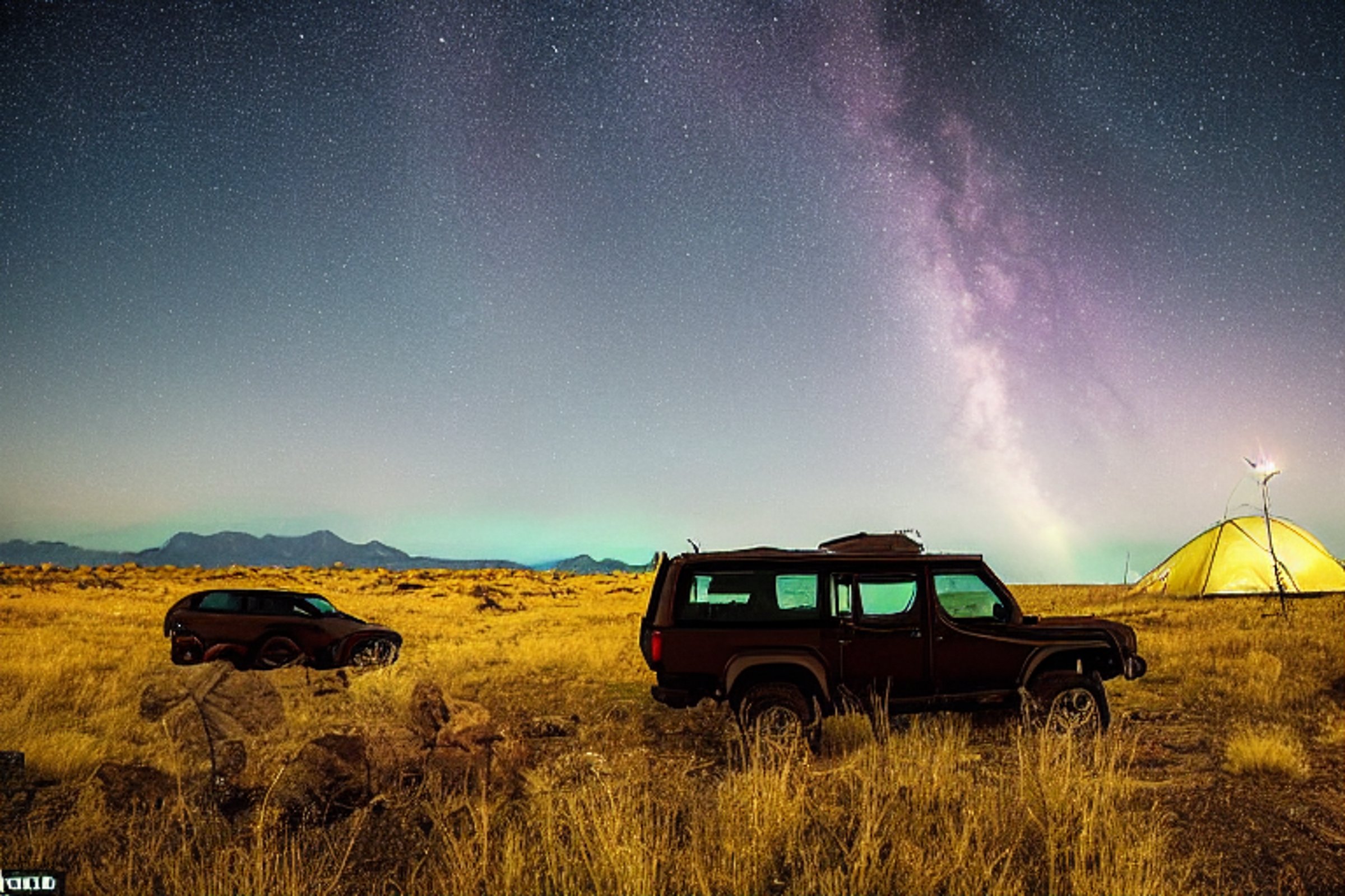 A brown jeep with a rooftop tent rests in the quiet New Mexico desert. A warm campfire glows beside a large rock, while grass and small flowers cover the ground. Above, green northern lights shine through cloudy skies as hikers enjoy the peaceful night.
