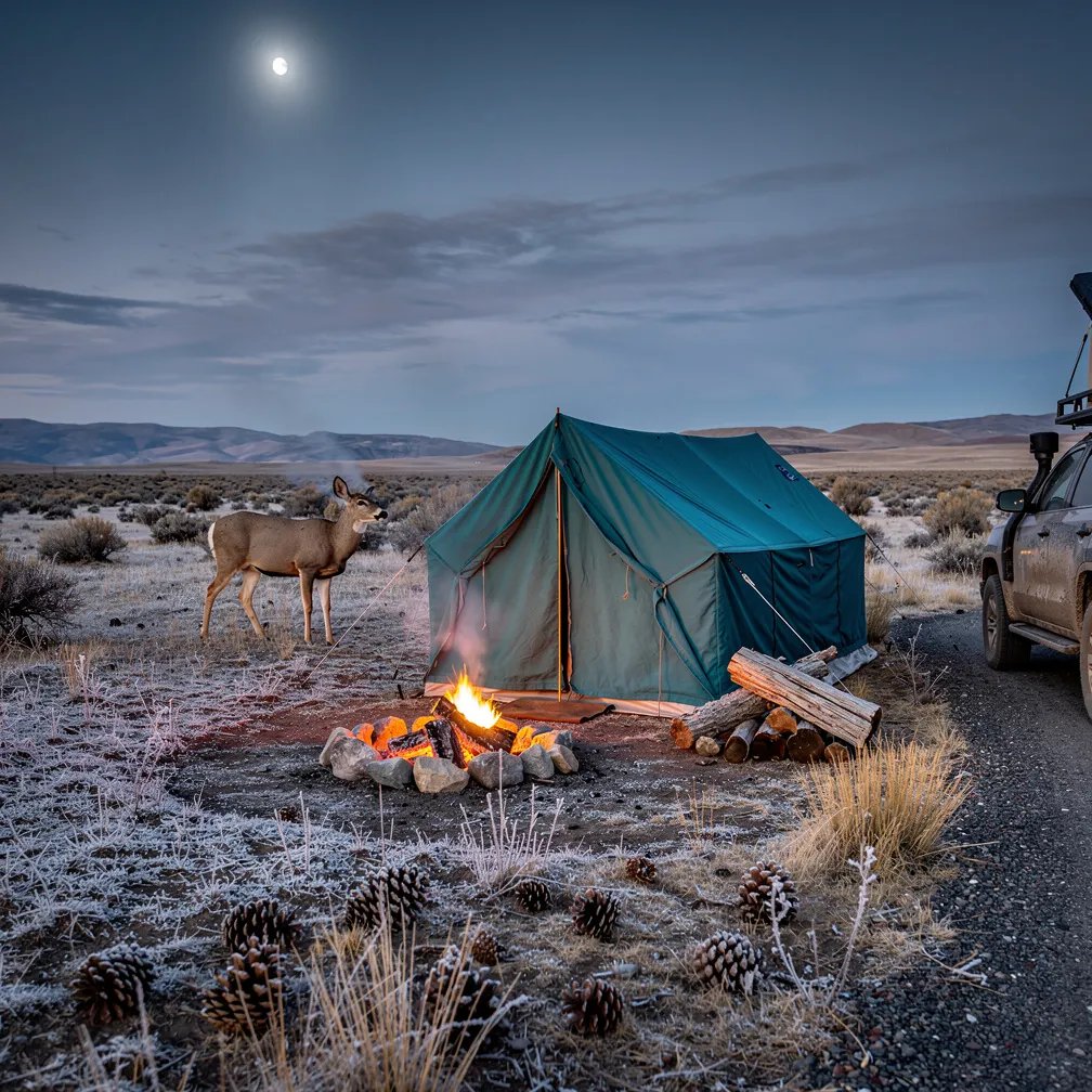 A teal canvas tent sits on the frosty Idaho plains before sunrise, surrounded by sagebrush and low, dark hills. The campfire’s coals glow warm and bright, lighting the tent in the cool blue morning. A thin moon hangs overhead, and a mule deer watches quietly from far away.
