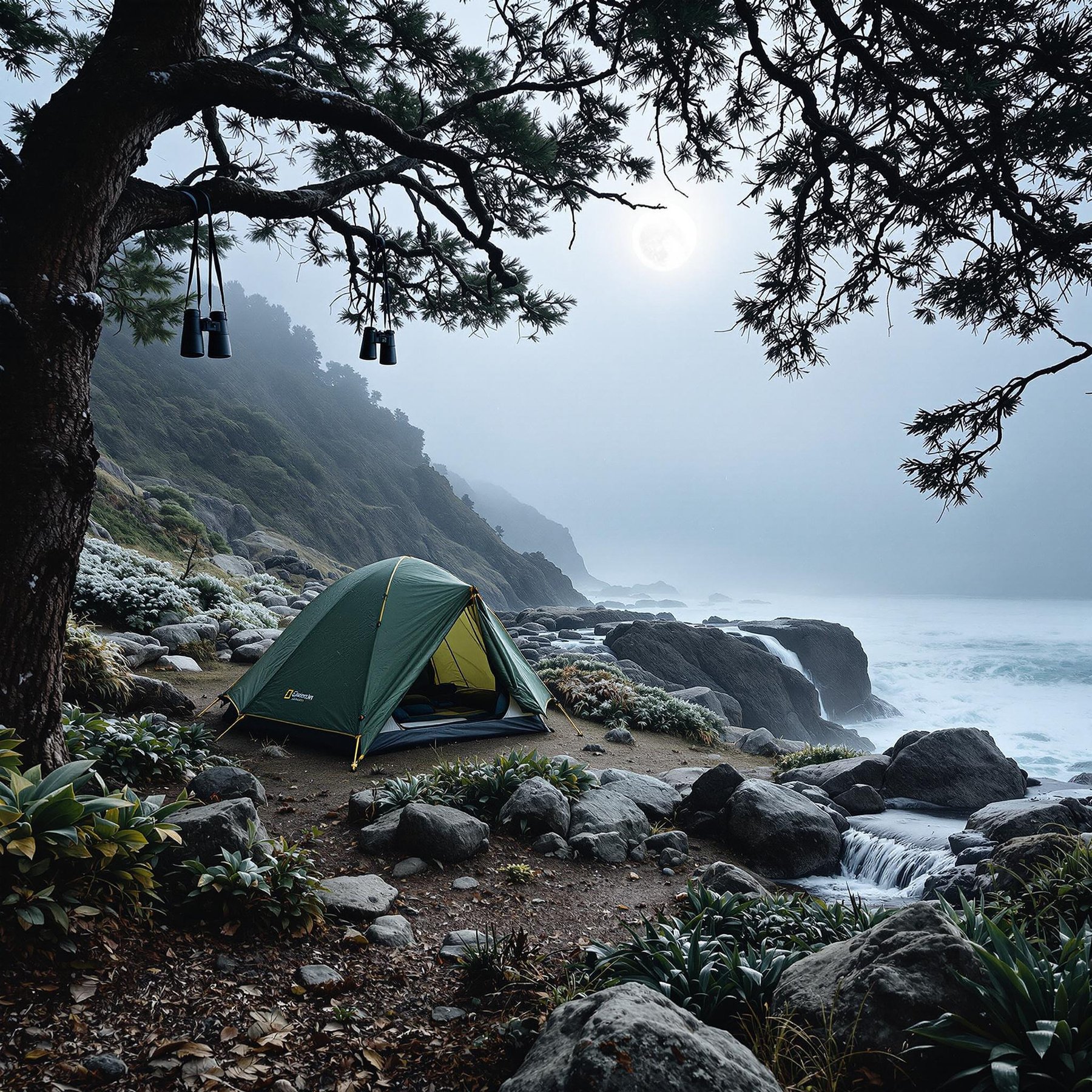 A cozy tent sits by the ocean, surrounded by tall trees and rocky cliffs, as gentle waves crash nearby. The misty air and glowing moon make it feel magical and peaceful. It's a perfect spot for a seaside adventure with nature's lullaby.