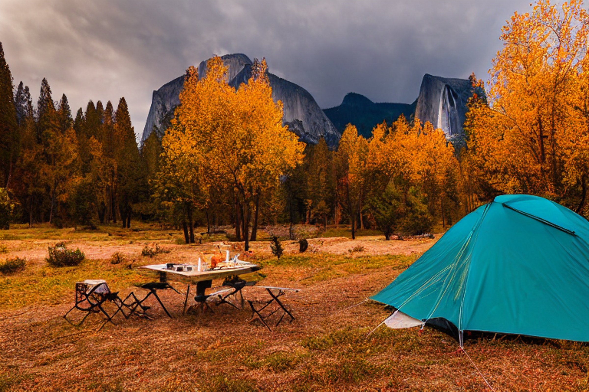 A teal tent rests on a paved campsite in Yosemite as golden fall trees glow beneath a stormy sunset sky. A tall mountain rises in the distance, while a wooden guitar lies beside the dirt patch.