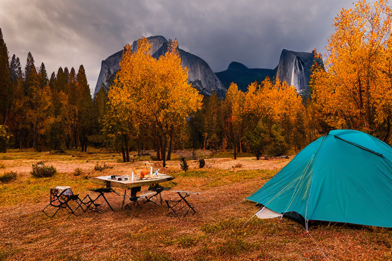 A teal tent rests on a paved campsite in Yosemite as golden fall trees glow beneath a stormy sunset sky. A tall mountain rises in the distance, while a wooden guitar lies beside the dirt patch.