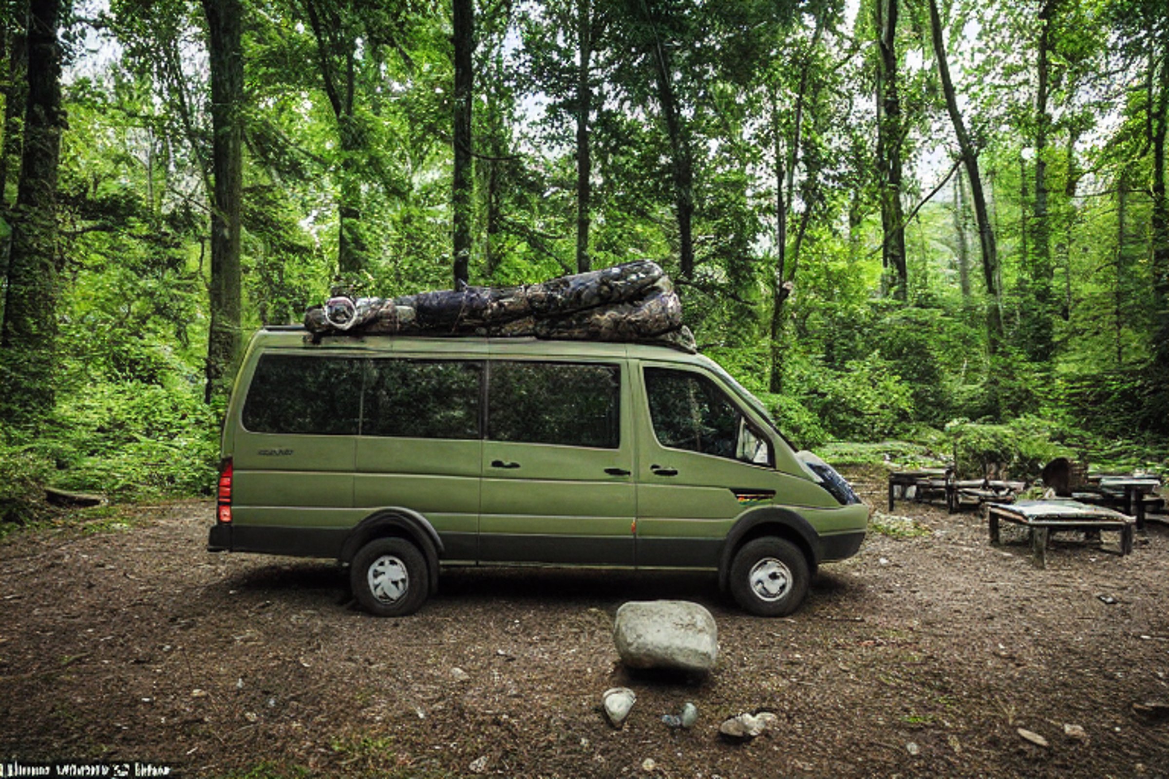 A green camo van rests among giant boulders in a quiet forest campsite. A warm campfire glows as the sun sets, with a wooden guitar nearby. Stone paths, fallen leaves, and a clear sky create a peaceful outdoor mood.