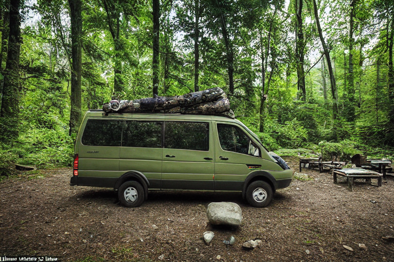 A green camo van rests among giant boulders in a quiet forest campsite. A warm campfire glows as the sun sets, with a wooden guitar nearby. Stone paths, fallen leaves, and a clear sky create a peaceful outdoor mood.
