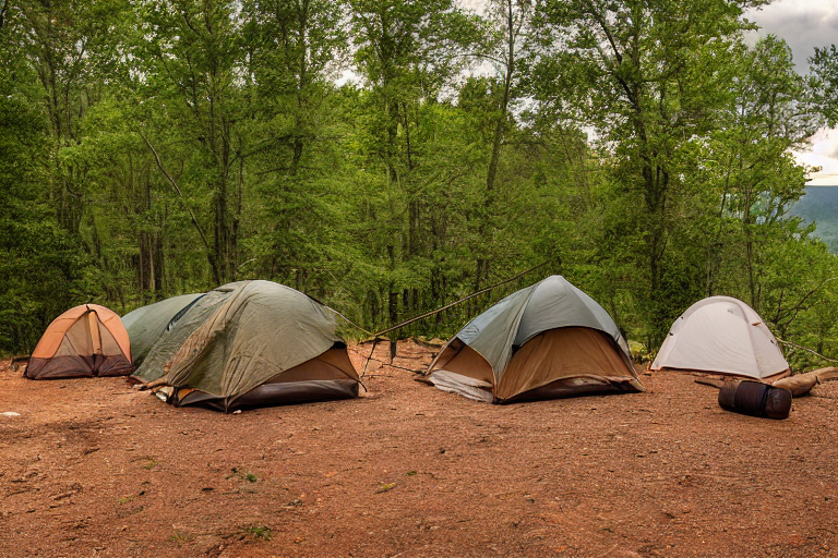 A brown tent rests on a dirt clearing in the Ozark woods. Camp chairs circle a small fire, with a wooden guitar lying nearby beside a large rock. Stormy skies give the campsite a cool, wild feeling.
