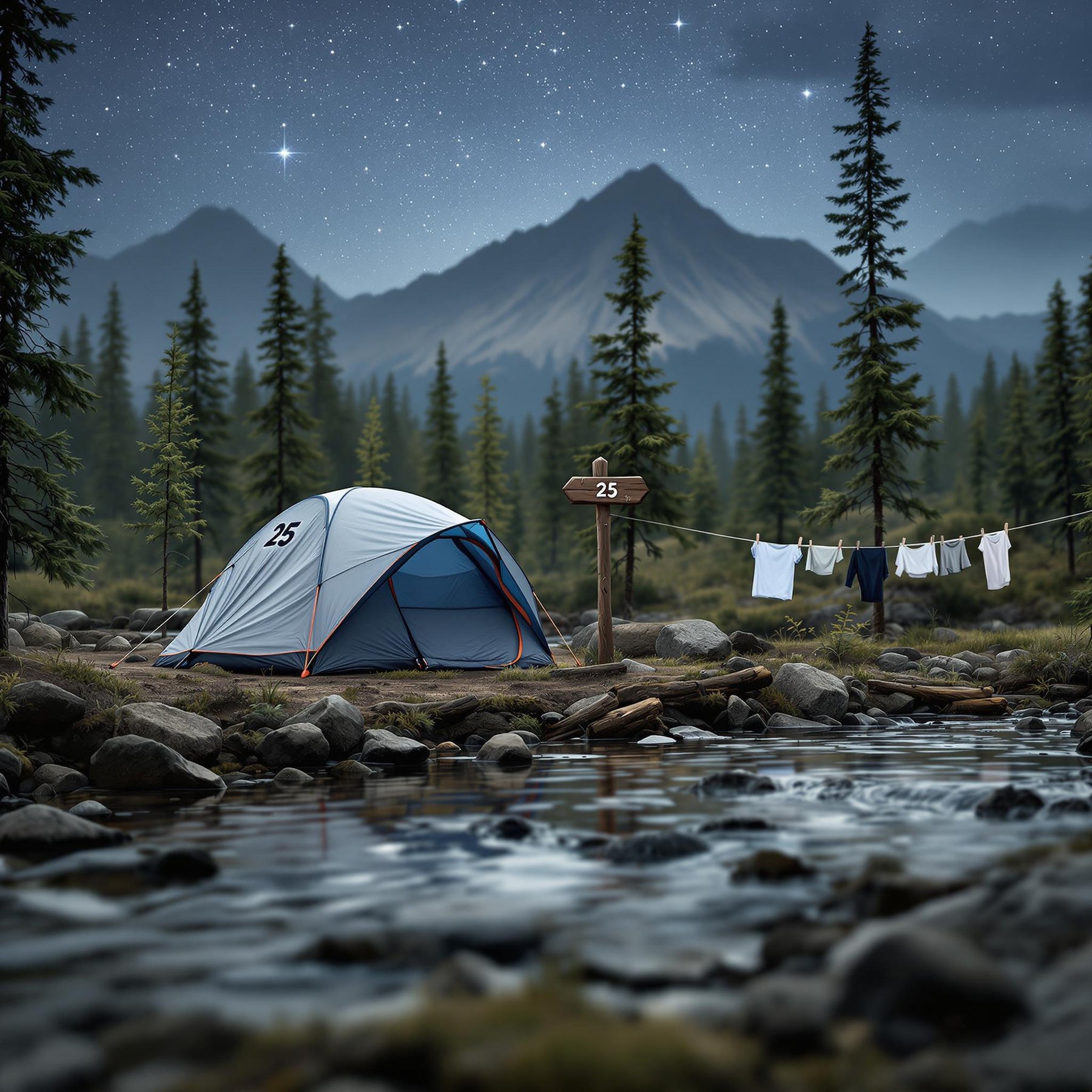 A gray and blue tent rests beside a gentle brook under a sky full of shooting stars. Small trees, a mountain, and a wooden sign marked “25” surround the camp, while clothes sway on a nearby line. The quiet scene shimmers in the water below.