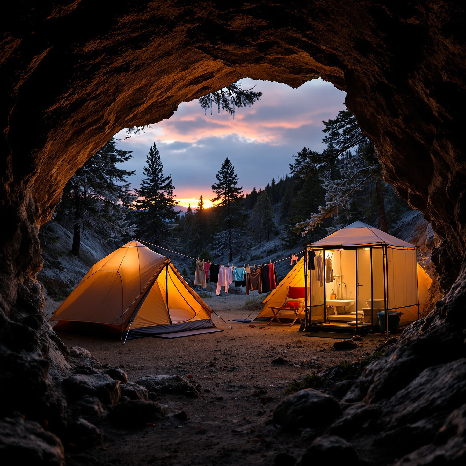 A cozy tan tent rests beside a steaming geyser at twilight, seen from a shadowy cave. Clothes sway on a line, while an outdoor shower waits nearby. Ice-covered branches and dark storm clouds create a wild, magical feeling.