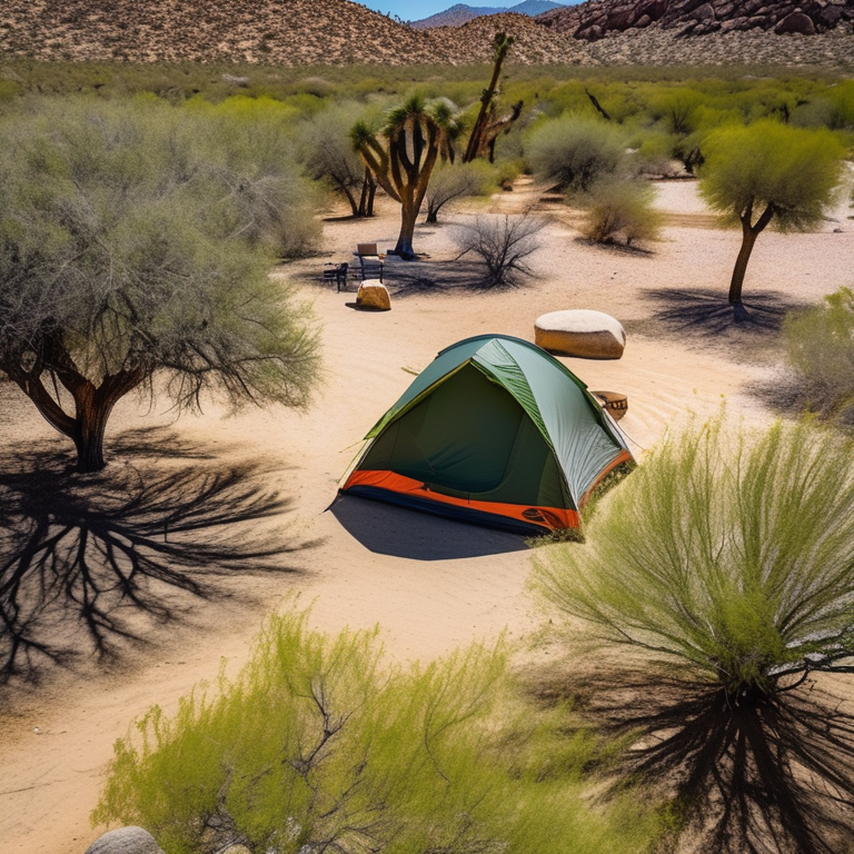 A green and tan tent rests beside a warm campfire in Joshua Tree National Park. A small stream winds through the grassy campsite, with trees, fallen leaves, and a dirt clearing nearby. Bright sunshine fills the peaceful scene.