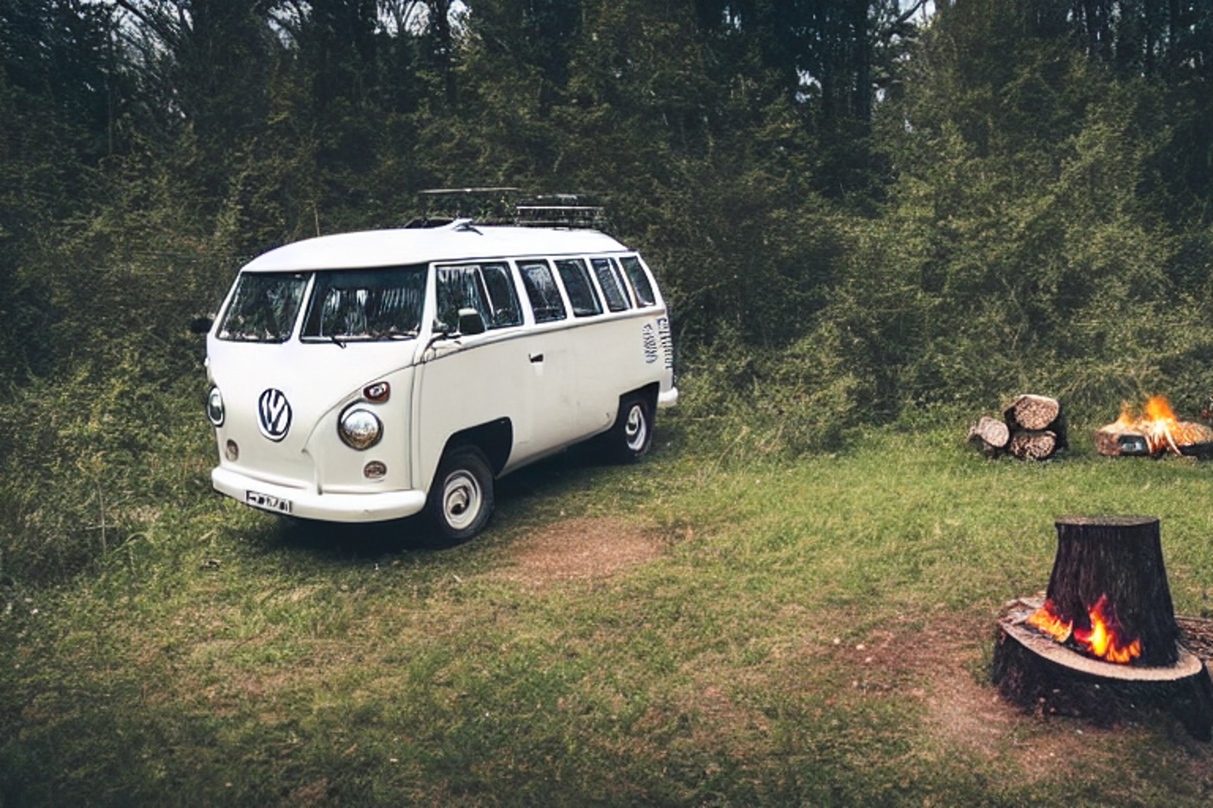 A white campervan rests beside a quiet river on a snowy night. Tall grass and rough ground surround a warm campfire, with logs gathered nearby. The glowing fire makes the cold campsite feel cozy.