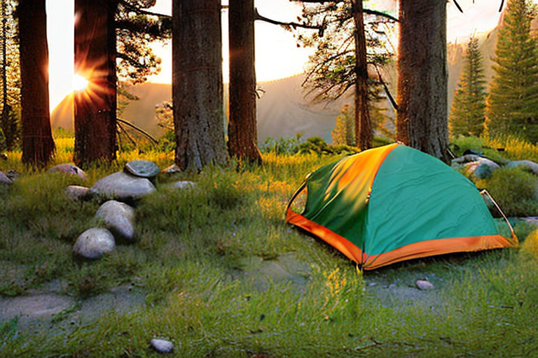 A forest-green tent rests on a paved campsite in Yosemite as the sun sets behind the trees. Rainy air, tall grass, gravel, and a dirt hiking path create a peaceful, wild feeling.