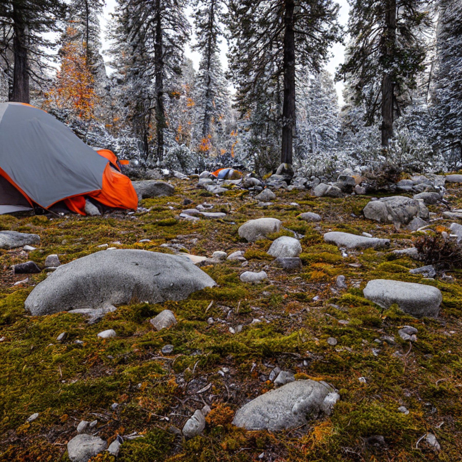 A gray and orange tent rests on a quiet paved campsite in snowy Yosemite. Mossy trees, large boulders, and berry-covered bushes surround a dirt patch scattered with leaves. The cool night air makes the camp feel peaceful and wild.