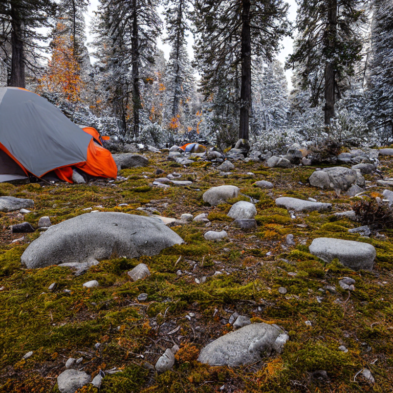 A gray and orange tent rests on a quiet paved campsite in snowy Yosemite. Mossy trees, large boulders, and berry-covered bushes surround a dirt patch scattered with leaves. The cool night air makes the camp feel peaceful and wild.