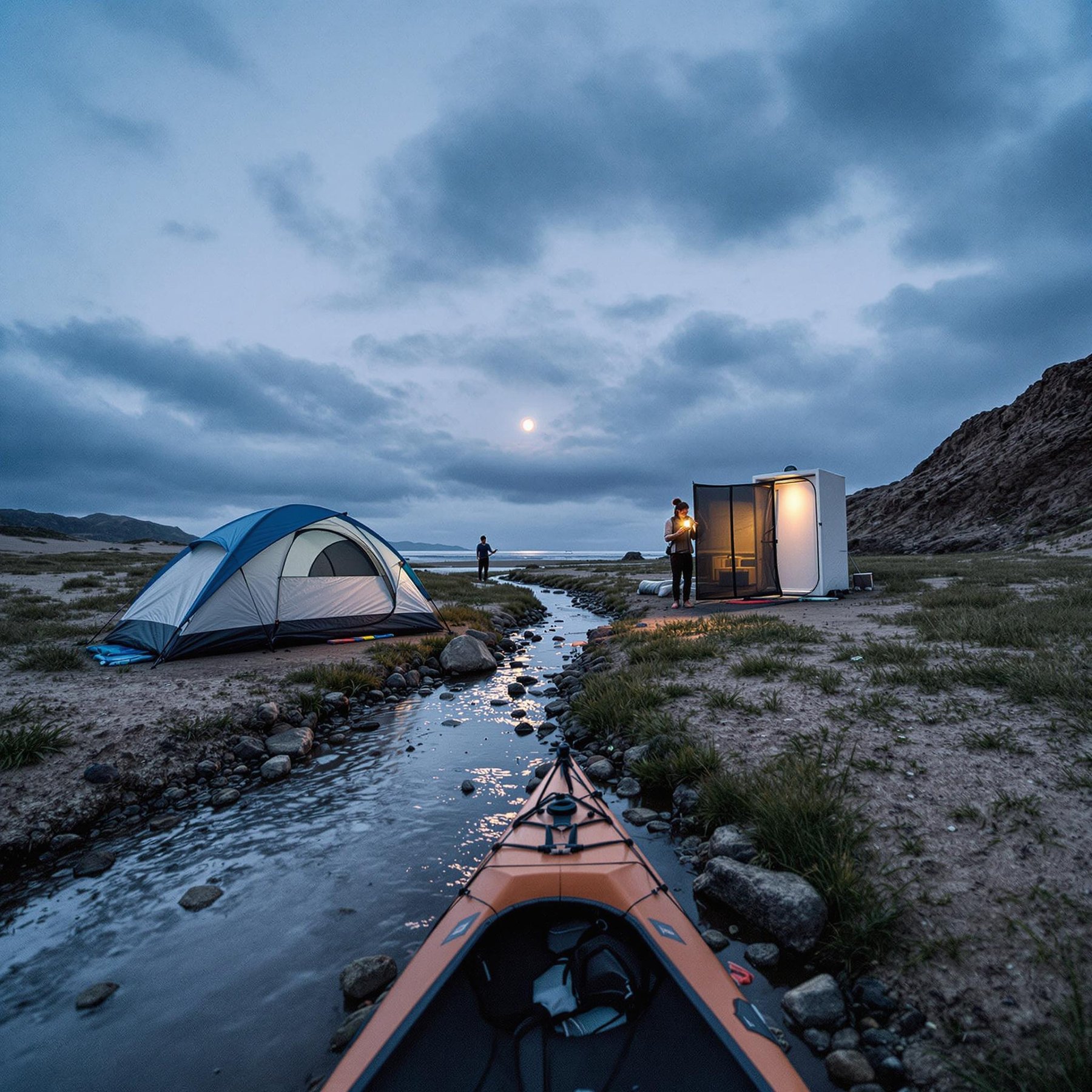 The campsite sits by a gentle stream under a big, moonlit sky. There's a cozy tent, a kayak ready for adventure, and a warm glow from a nearby lantern. The whole scene feels peaceful and magical, like a secret hideaway in nature.