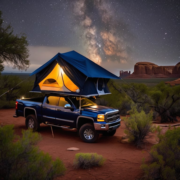 A navy blue truck tent rests on a small dirt patch in a misty forest beneath a bright full moon. Bushes surround the campsite, while animal tracks mark the ground and stars shine through the cold, sleety night.