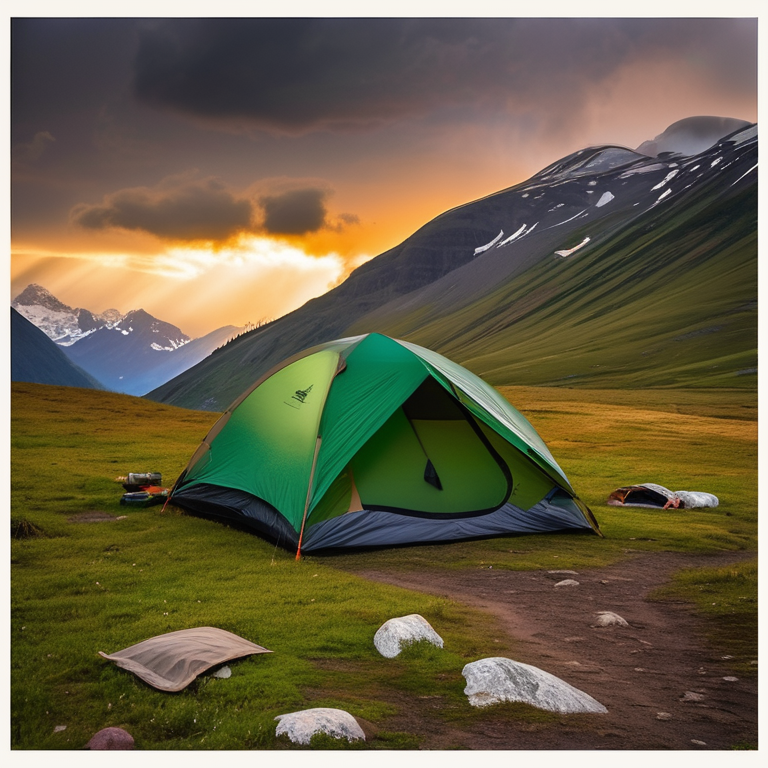 A green and tan tent rests on a dirt clearing beneath tall trees. Golden light shines through the stormy sky, with a mountain rising in the distance. A backpack sits nearby, while the tent glows warmly inside.