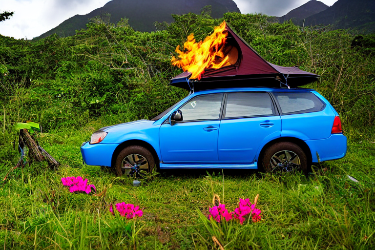 A blue Subaru with a rooftop tent rests in a grassy campsite beneath a rainy sunset. A warm campfire glows among the logs, with bright flowers and a mountain rising in the background.