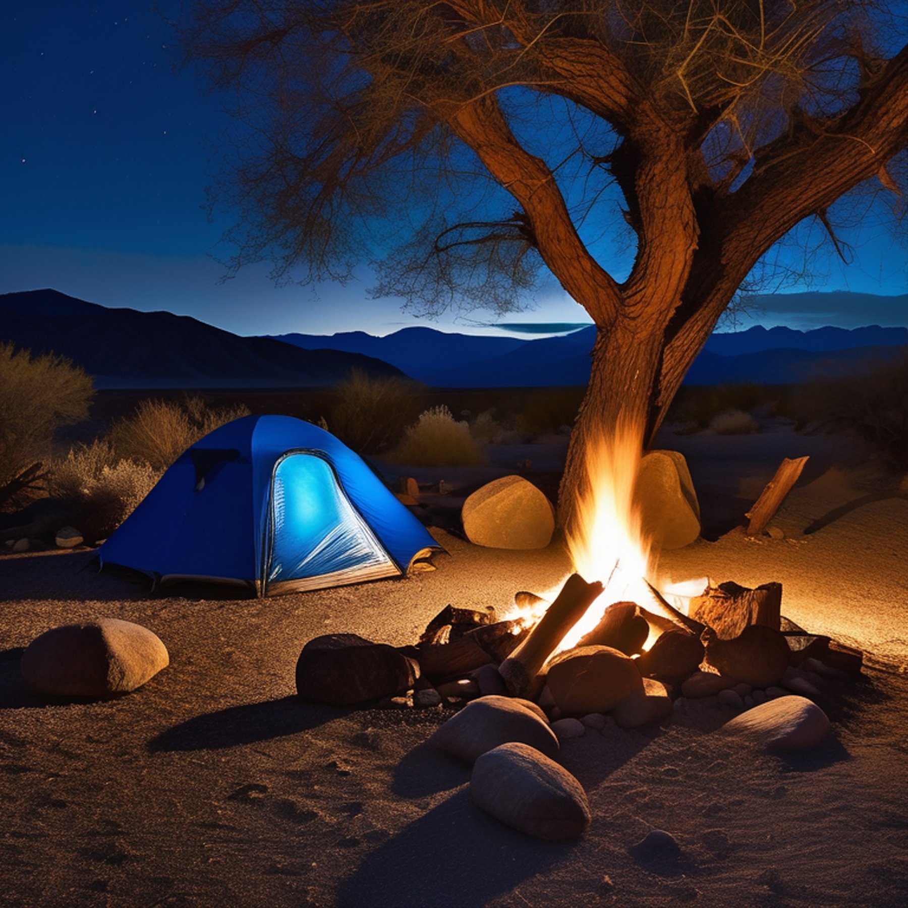 A blue tent rests on a rough, rocky patch in Death Valley beneath the rainy night sky. A warm campfire glows among the stones, while a small lantern lights the ground nearby. Rugged boulders surround this cozy campsite.