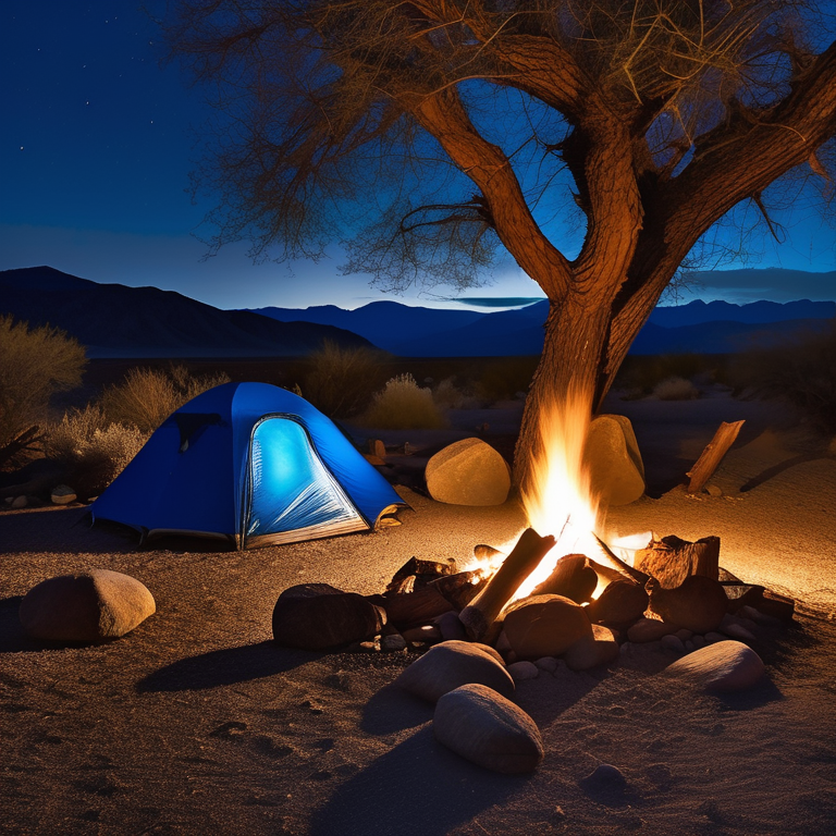A blue tent rests on a rough, rocky patch in Death Valley beneath the rainy night sky. A warm campfire glows among the stones, while a small lantern lights the ground nearby. Rugged boulders surround this cozy campsite.