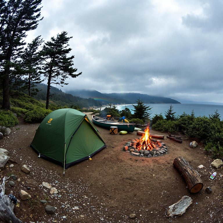 A green tent rests in a forest clearing in Big Sur, beside a crackling campfire and a large log. A dirt path and canoe lead toward rainbow-colored hot springs, while dark storm clouds gather overhead.