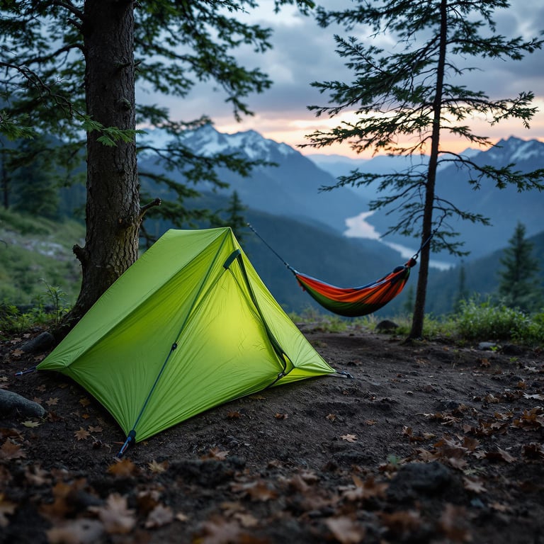 Nestled among tall trees, a cozy green tent glows softly beside a playful hammock. The air is crisp and fresh, with snow-capped mountains painting a beautiful backdrop. It's a perfect spot to watch the sunset and enjoy nature's quiet wonders.