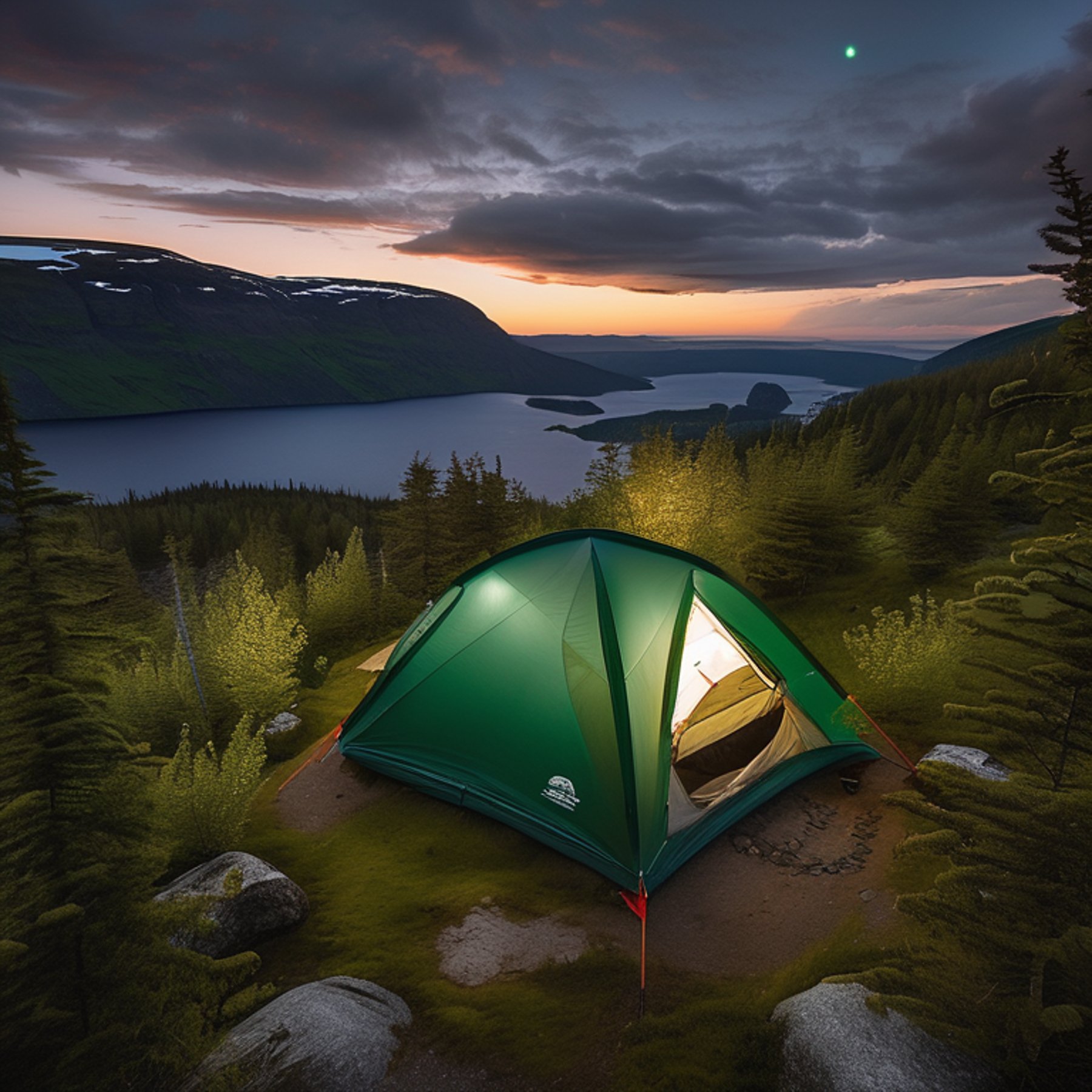 A green tent rests beside a warm campfire under Norway’s starry sky. Ferns, berry bushes, and gravel patches surround the quiet campsite, while hikers enjoy the cool, cloudy night.