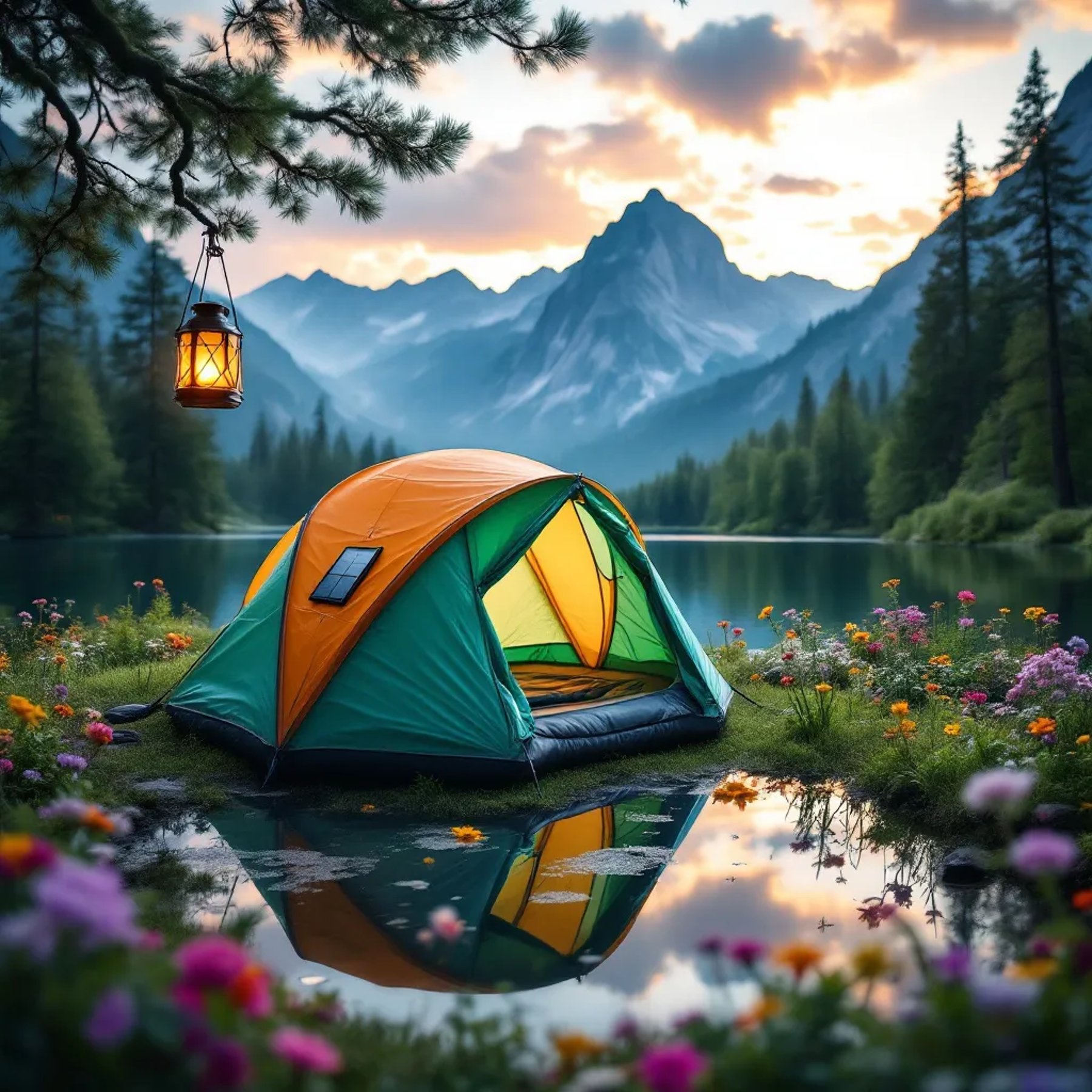A colorful inflatable tent rests among wildflowers beside a calm lake. Mountains rise in the distance, while the campsite shines in the water’s reflection. A solar lantern hangs from a nearby tree.