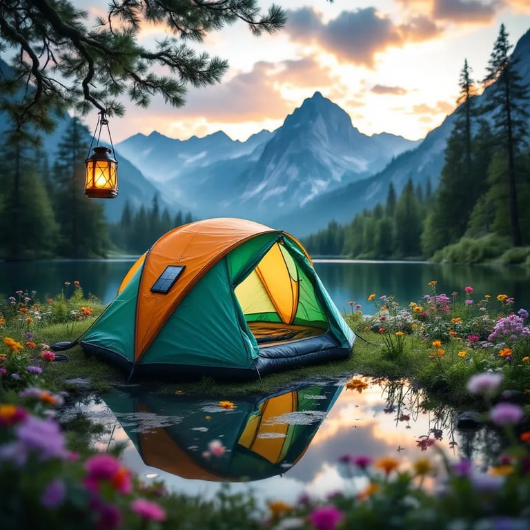 A colorful inflatable tent rests among wildflowers beside a calm lake. Mountains rise in the distance, while the campsite shines in the water’s reflection. A solar lantern hangs from a nearby tree.