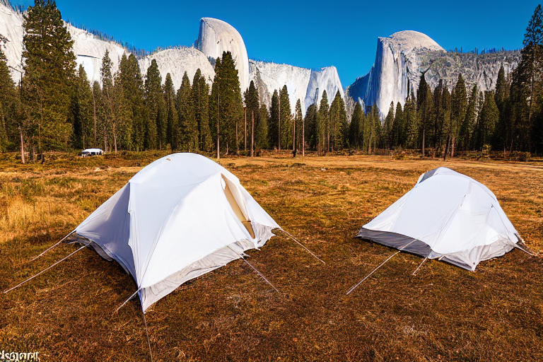 A white tent rests on a paved campsite in Yosemite, surrounded by rocky ground and a large stone. Golden light shines through the rainy air, while a pale moon hangs above the distant mountains.