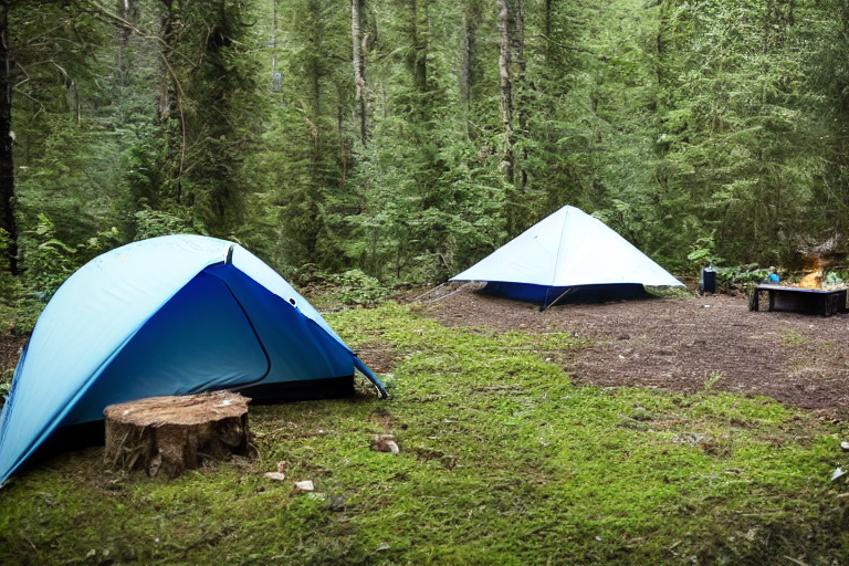 A bright blue tent rests in a leafy, overgrown forest beside a muddy parking spot. Ferns cover the ground, while a stone-ringed campfire waits nearby under the rainy sky.