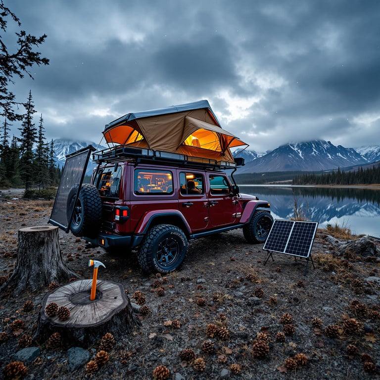 A burgundy Jeep with an open rooftop tent rests in the quiet Alaska wilderness. Pine cones cover the ground, while a calm lake reflects the starlit sky. Nearby, an axe, outdoor shower, and solar panel add useful touches to this peaceful camp.